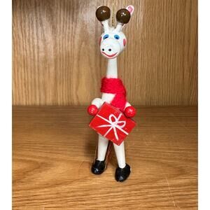 Christmas Griaffe with Scarf Red/White Cow Vintage wood Holiday Ornament